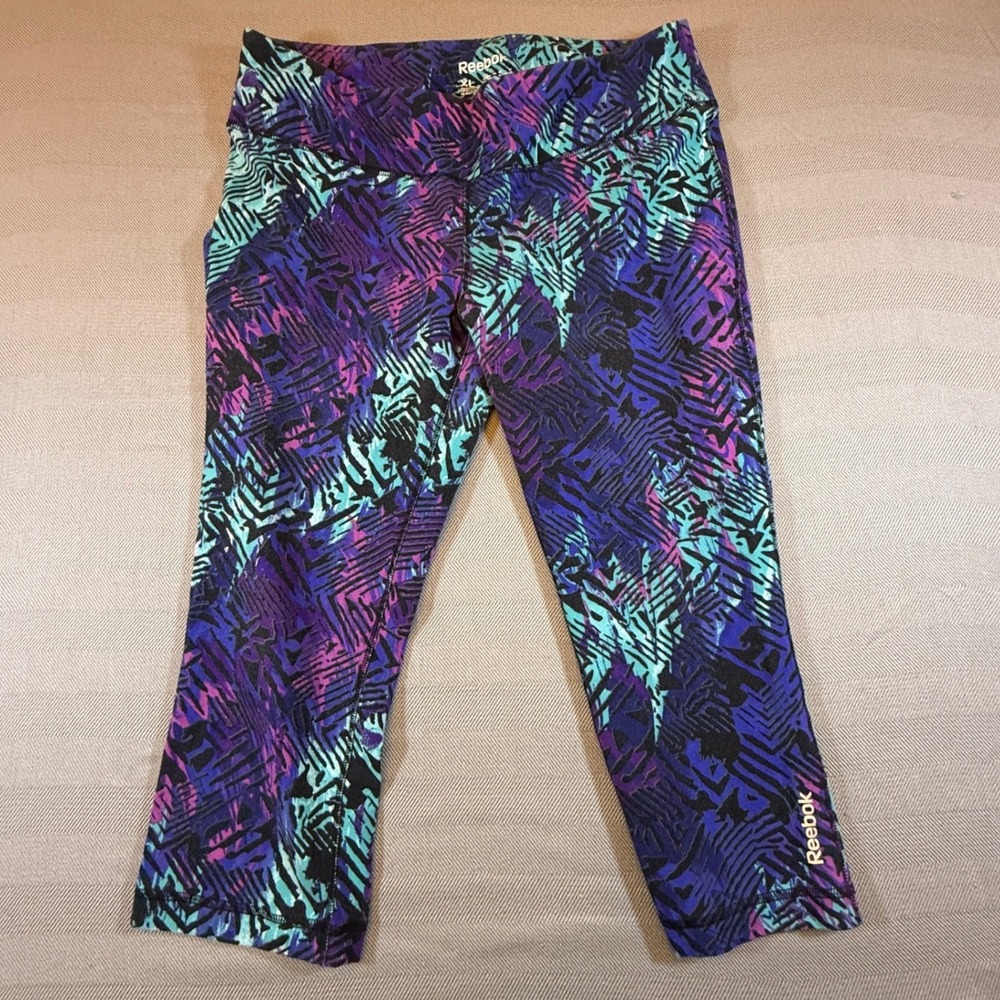 Reebok Womens XL Capri Leggings Purple Blue Abstract Geometric Activewear 2384